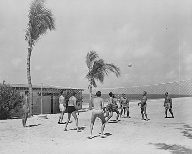 A beach volleyball game between members of President Harry S. Truman's vacation party at Key West, Florida in 1950 Photograph of a volleyball game between members of President Truman's vacation party at Key West, Florida. - NARA - 199042 (cropped).jpg