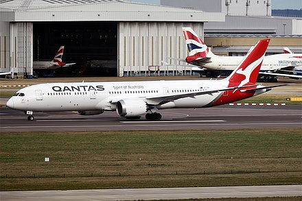 A Boeing 787 of Qantas among British Airways aircraft at Heathrow Airport