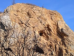A Róka-hegyi kőfejtő 7. sz. barlangjának bejárata (a fénykép közepén lévő kis kerek lyuk)