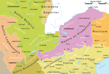 Alpine tribes and Roman provinces in the Alps around 14BC. Romische Provinzen im Alpenraum ca 14 n Chr.png