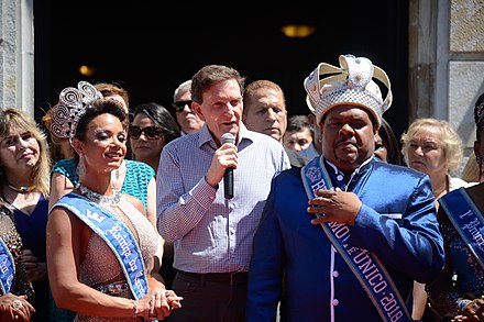 Then Mayor of Rio de Janeiro Marcelo Crivella hands out key to the city to King Momo at the start of Carnival 2018.