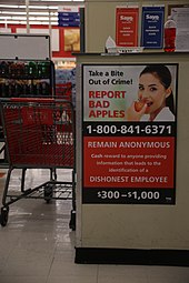 Poster in a Save-A-Lot supermarket, encouraging people to report dishonest "bad apple" staff members Report Bad Apples @ Sav-A-Lot (15188323747).jpg