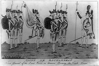 Cartoon anonymous American in 1780 on the Count de Rochambeau during a parade of French troops at Newport Rochambeau reviewing troops.jpg