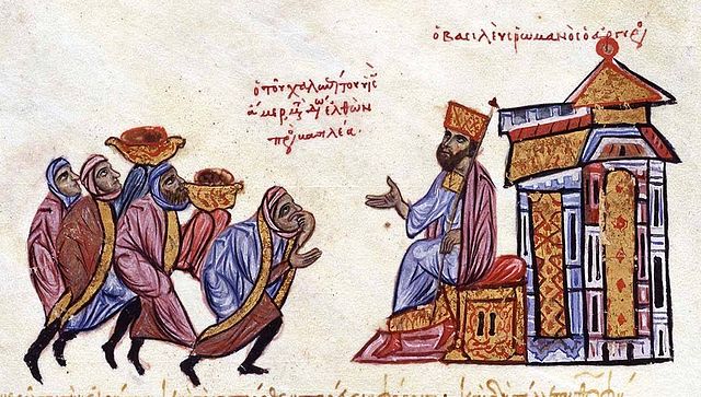 Romanos III receives an Arab delegation led by Amer.