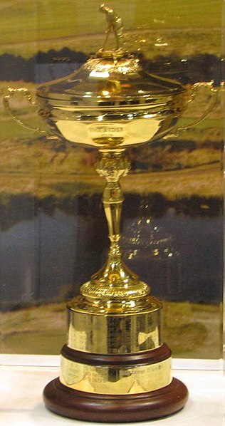 The Ryder Cup on display in 2008. An event sponsored by English businessman Samuel Ryder, the figure on top is modeled after professional golfer Abe M