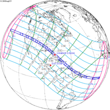 The path of the next total solar eclipse to cross Alabama on August 12, 2045. SE2045Aug12T.png