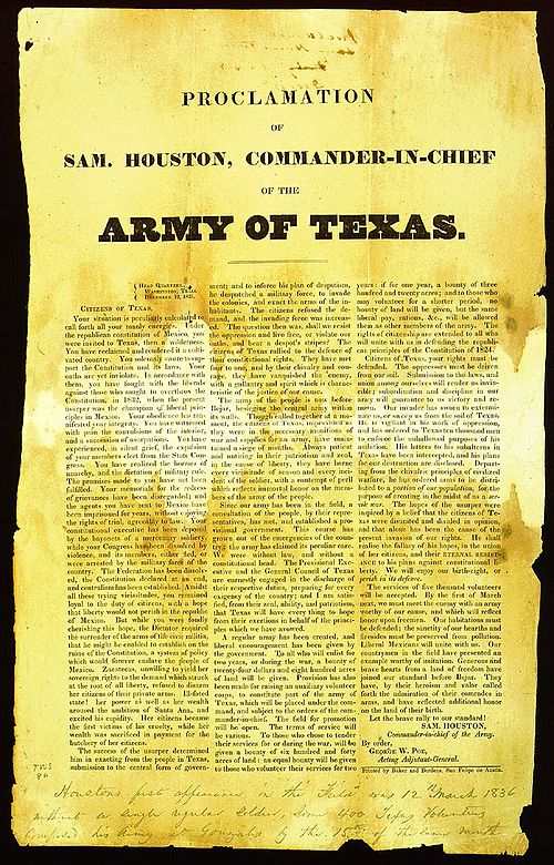 Sam Houston's call for the Army of Texas recruitment proclamation on December 12, 1835