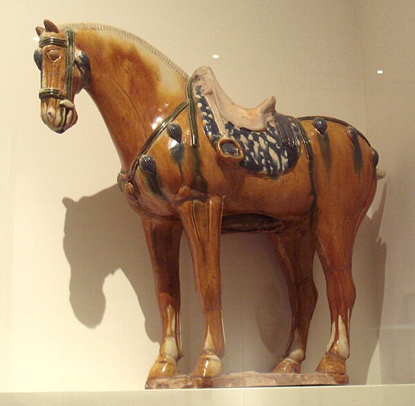 Tang dynasty tomb figure, sancai horse, 7–8th century, also using blue, as on the saddle