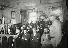 The accused in court. Front row, from left: 1. Trifko Grabez, 2. Nedeljko Cabrinovic, 3. Gavrilo Princip, 4. Danilo Ilic, 5. Misko Jovanovic. Sarajevo trial, accused.jpg