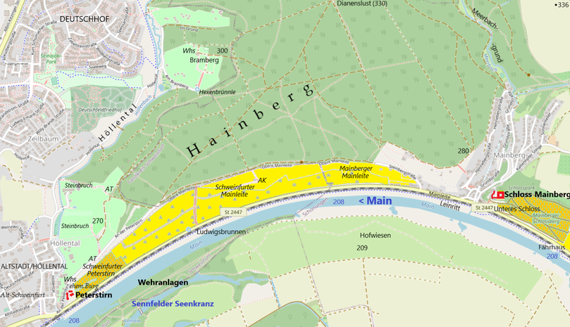 Schweinfurter Mainbogen Weinberge (ocker) und einstige Weinberge bis gegen Mitte des 20. Jahrhunderts (gelb). Zudem gab es in historischer Zeit am Westhang des Hainbergs Weinberge (hellgrün) und westlich der Peterstirn, bis hin zum Kiliansberg (siehe: Bild oben rechts)