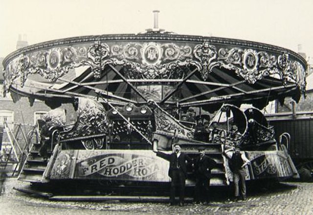 Pictured in Margate, England in the 1880s, Savage's amusement ride, Sea-On-Land, where the riders would pitch up and down as if they were on the sea. 