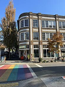 One of Capitol Hill's rainbow crossings in front of the building in 2022 Seattle in October 2022 - 063.jpg