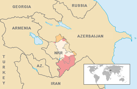 Approximate frontlines at the time of the ceasefire, with Azerbaijan's territorial gains during the war in red, the Lachin corridor under Russian peacekeepers in blue, and areas ceded by Armenia to Azerbaijan hashed.