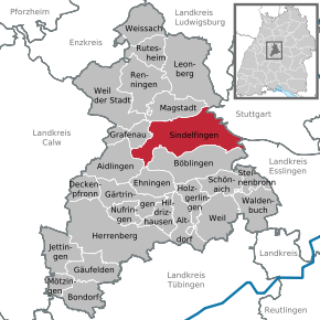 Poziția orașului Sindelfingen pe harta districtului Böblingen