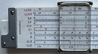 A slide rule. This is an example of a mathematical instrument with graduated logarithmic and log-log scales. Slide rule scales back.jpg