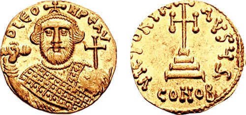 Early use of a globus cruciger on a solidus minted by Leontios (r. 695–698); on the obverse, a stepped cross in the shape of an Iota Eta monogram.