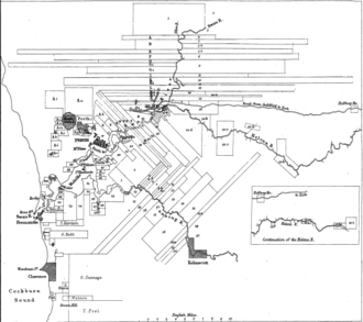 Early land grants in the Swan River colony, 1839. Thomas Watson's grant is in the lower left, beside Thomas Peel's. Swan River Colony land grants map.png