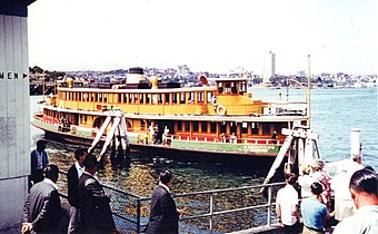 Sydney Ferry KOSCIUSKO berths at Darling Street Wharf at East Balmain 1960s.jpg
