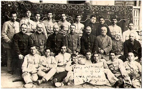The teachers and graduates of the Gazakh Teachers Seminary in 1924: First row, from right to left: 1st - Samed Vurgun, 2nd - Mehdihan Vekilov, 8th - Mirkasym Efendiyev. Second row, from right to left: Akhmed-agha Gulmamedov, Suleiman-bek Gaibov, Yusif Efendiev, Ali Huseynov, Alai-bek Shikhlinsky, Mirza Mehdi Velizade, Ibrahim Gaibov, Mahmud Yolchiev.