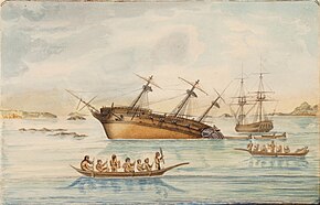 Discovery ran aground in early August 1792 on hidden rocks in Queen Charlotte Strait near Fife Sound. Within a day Chatham also ran aground on rocks about two miles away. The Discovery on the rocks.jpg