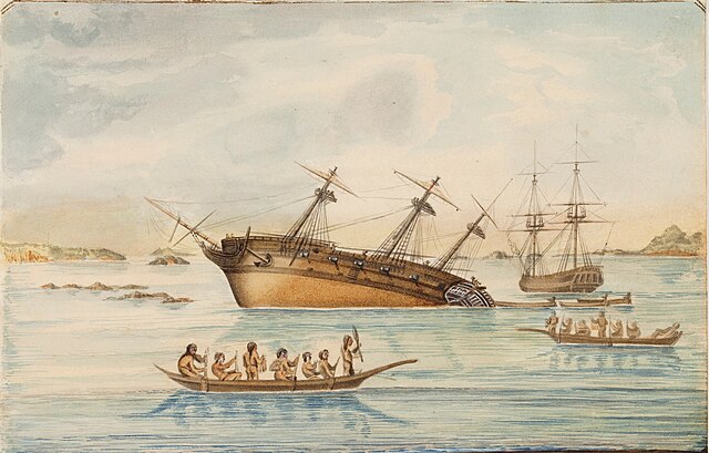 The Discovery ran aground in early August 1792 on hidden rocks in Queen Charlotte Strait near Fife Sound. Within a day the Chatham also ran aground on