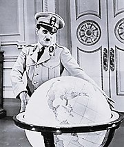Chaplin satirised Adolf Hitler in The Great Dictator (1940). The Great Dictator still cropped.jpg