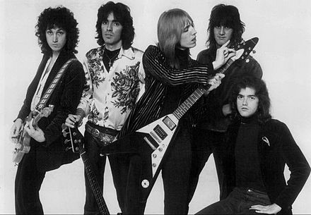 The band in 1977. From left: Mike Campbell, Ron Blair, Tom Petty, Stan Lynch, and Benmont Tench