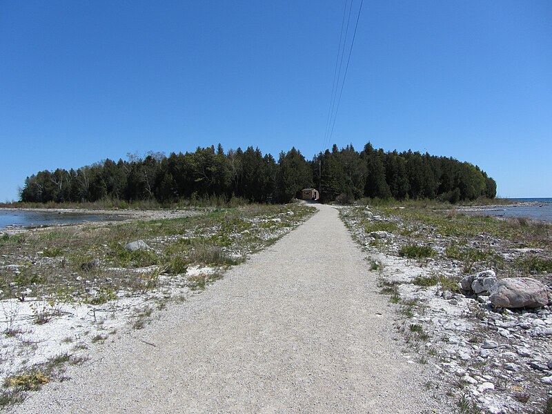 File:Tombolo to Cana Island in Door County, Wisconsin on May 24, 2013 during the lower lake level conditions.jpg