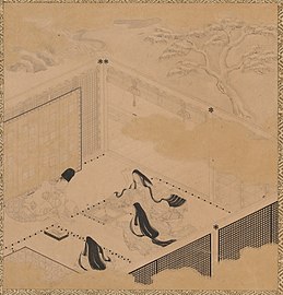 Tosa Mitsunori (1563-1638). Feuille d'album du Dit du Gengi. Encre avec or et rouge sur papier, chaque feuille 13,4 x 12,9 cm