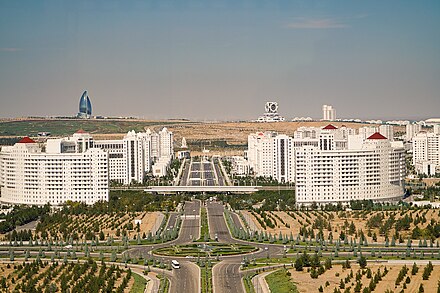 Ashgabat Skyline with Yyldyz Hotel on left and Wedding Palace on right in background