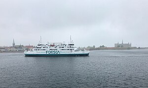 M/S Tycho Brahe på väg ut från Helsingörs hamn i maj 2019.