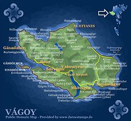 Detaljerad karta över Vágar med Reynsatindur utmärkt.
