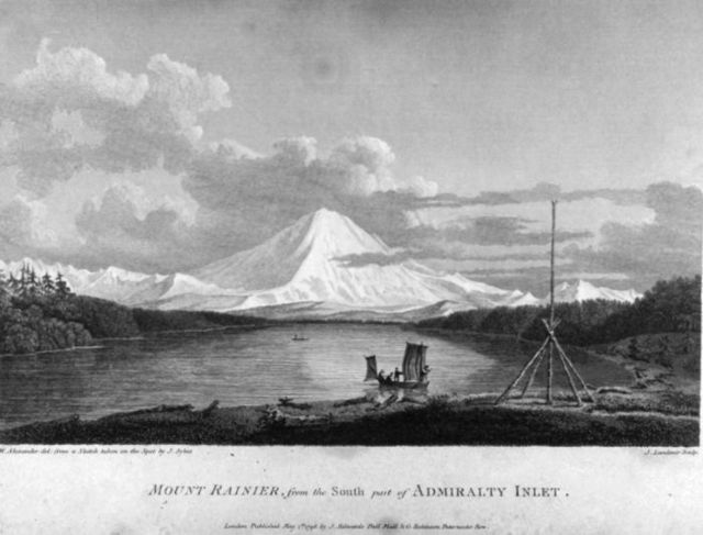 "Mount Rainier from the south Part of Admiralty Inlet". The mountain was first sighted by Vancouver during his exploration of Puget Sound in the sprin