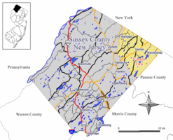 Mapa del municipio de Vernon en el condado de Sussex.  Recuadro: Ubicación del condado de Sussex resaltada en el estado de Nueva Jersey.