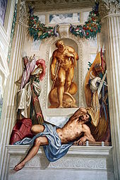Frescoes by Giovanni Battista Zelotti, west wall of the hall (c. 1566) Villa Emo Hall West1.jpg