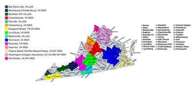 Map of the: 15 core-based statistical areas in Virginia.