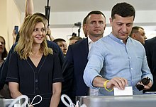 Volodymyr Zelenskyy and Olena Zelenska in 2019 parliamentary election Volodymyr Zelenskyy voted in parliamentary elections (2019-07-21) 05.jpg