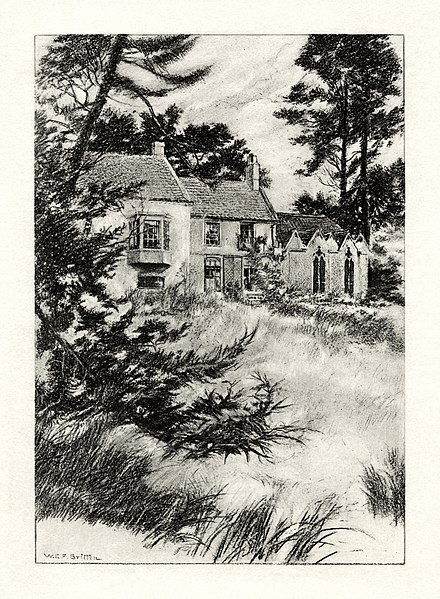 An illustration by W. E. F. Britten showing Somersby Rectory, where Tennyson was raised and began writing