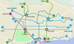 Map of the lines of the Barcelona Orthogonal Bus Network, once phase 2 was implemented in November 2013. XOAB2.png