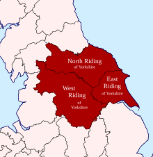 In the context of this article, Yorkshire is definedd by its historical boundaries of three ridings, this is mostly the same as its modern-day boundaries which consists of four counties. Yorkshire Ridings Brit Isles section.svg