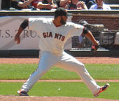 Yusmeiro Petit pitched three scoreless innings for the Giants in Game 4. Yusmeiro Petit on July 10, 2014.jpg