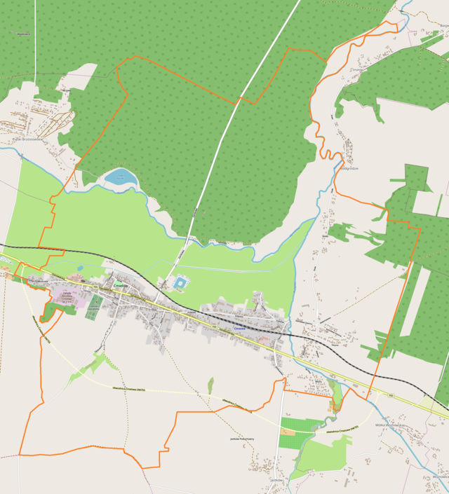 Mapa konturowa Ćmielowa, po lewej znajduje się punkt z opisem „Kościół Wniebowzięcia NMP w Ćmielowie”