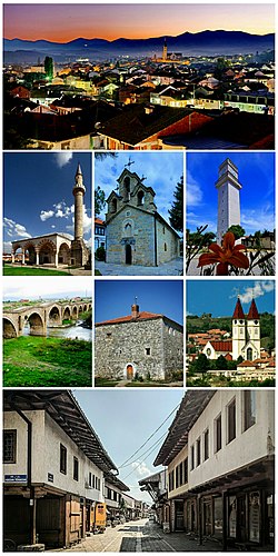 Kolazhi i fotos (Gjakova natën, Xhamia e Hadumit, Kisha Ortodokse e Shën Gjonit, Sahat Kulla e Gjakovës, Ura e Terzive, Kulla e Mazrrekajit, Kisha Katolike e Shën Palit dhe Shën Pjetrit, Çarshia e Vjetër)