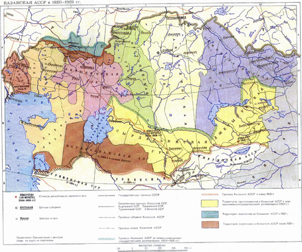 Subdivisions of the Kazakh ASSR, 1920-1929; Adaev on the eastern shore of the Caspian Sea Karta KASSR.png