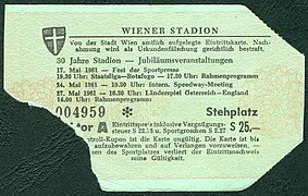 1961 Mai 30 Jahre Wiener Stadion S. 1 amtliche Eintrittskarte Stadt Wien Jubiläumsveranstaltungen Fest der Sportpresse Staatsliga Botafogo Internationales Speedway-Meeting Länderspiel Österreich England.jpg