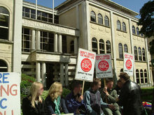 Employees of the BBC form a picket line during a strike in May 2005. 20050523 012 bristol bbc picket.jpg