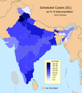 Scheduled castes distribution map in India by state and union territory according to 2011 Census. Punjab had the highest percentage of its population as SC (~32%), while India's island territories and three northeastern states had 0%. 2011 Census Scheduled Caste caste distribution map India by state and union territory.svg