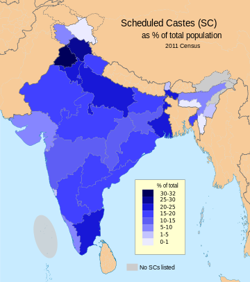 Scheduled Castes distribution map in India by state and union territory according to the 2011 Census of India. Punjab had the highest proportion of its population as SC (around 32%), while India's island territories and two northeastern states had approximately zero. 2011 Census Scheduled Caste caste distribution map India by state and union territory.svg