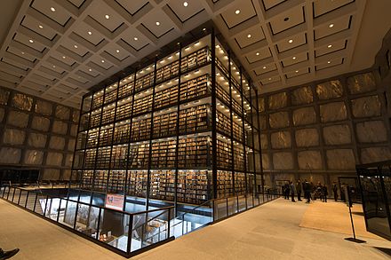 Bookshelves at the Beinecke Rare Book & Manuscript Library. The top floor contains 180,000 volumes. Since 1977, all new acquisitions are frozen at −33 °F (−36 °C) to prevent the spread of insects and diseases.