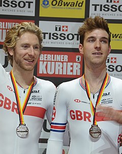 Oliver Wood (r.) beim Bahnrad-Weltcup 2018 in Berlin, mit Mark Stewart